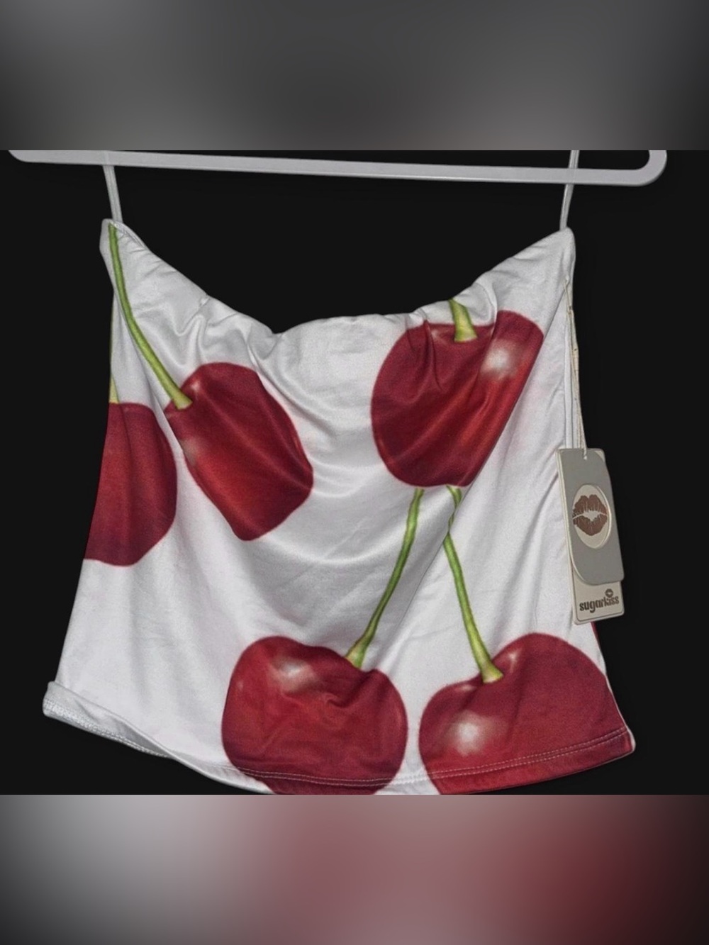 Sugarkiss White Satin Bandeau Top with Red Cherry Print